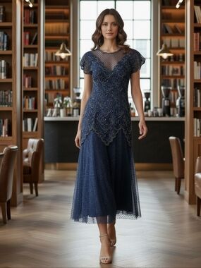 NWT Neiman Marcus Navy Glass Bead And Sequin Embroidery Formal Dress ~sz PM